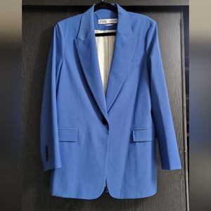 Zara Classic Azure Blue Blazer Jacket With Single Button And Flap Pockets